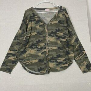 Pink Lily Camo Knit Top, Button Front, High Low Hem, Green & Tan, Large